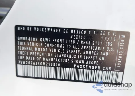 2016 Volkswagen Jetta 1.4T S from USA, damaged, VIN 3VW267AJXGM296849